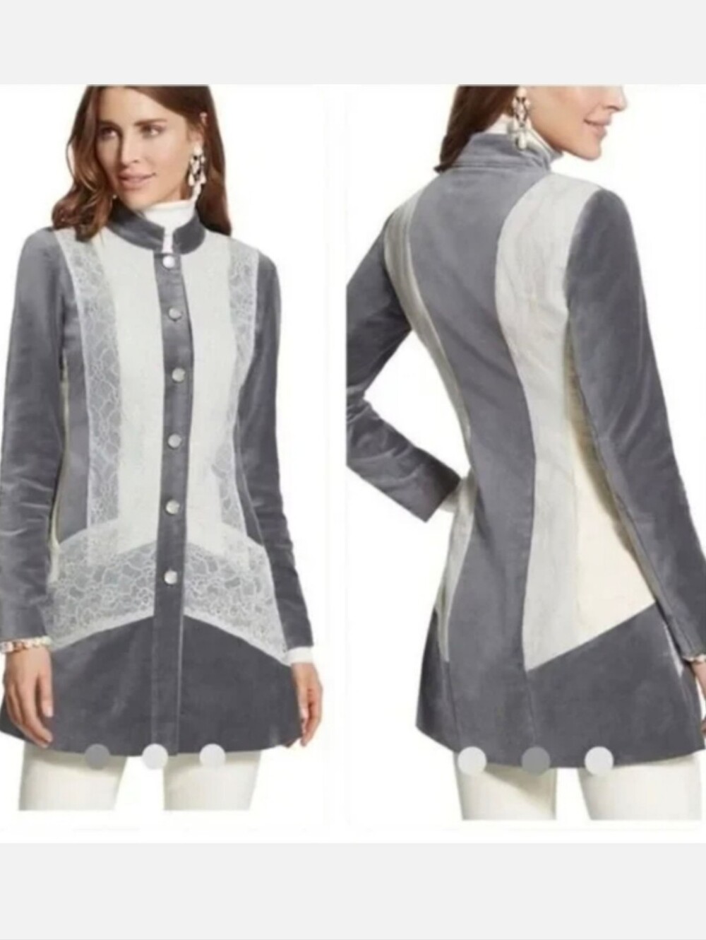 Chicos Velvet Two-Tone Gray & White Lace-Panel Blazer Or Coat